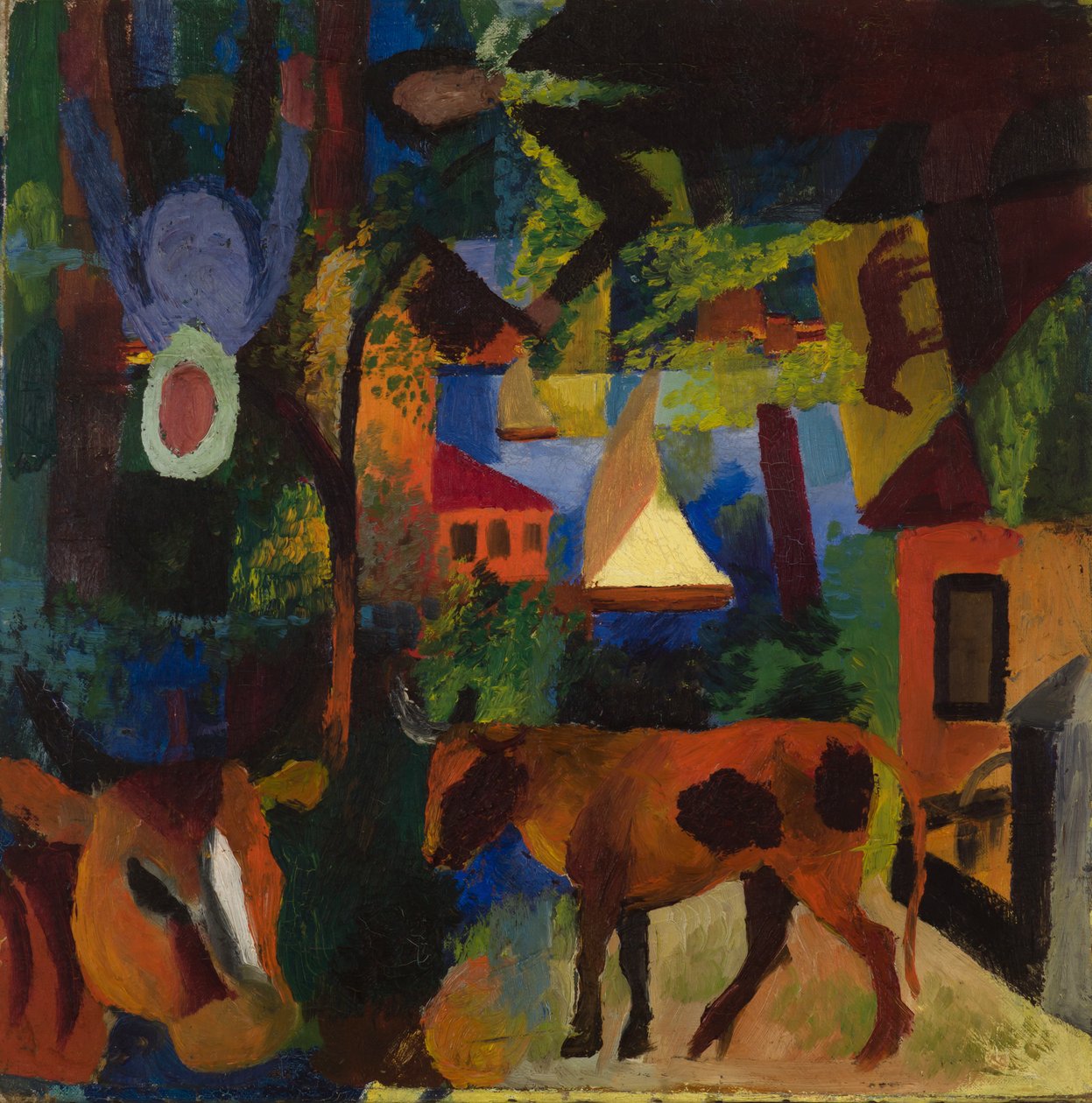 Paisagem com vacas, veleiros e figuras pintadas de August Macke