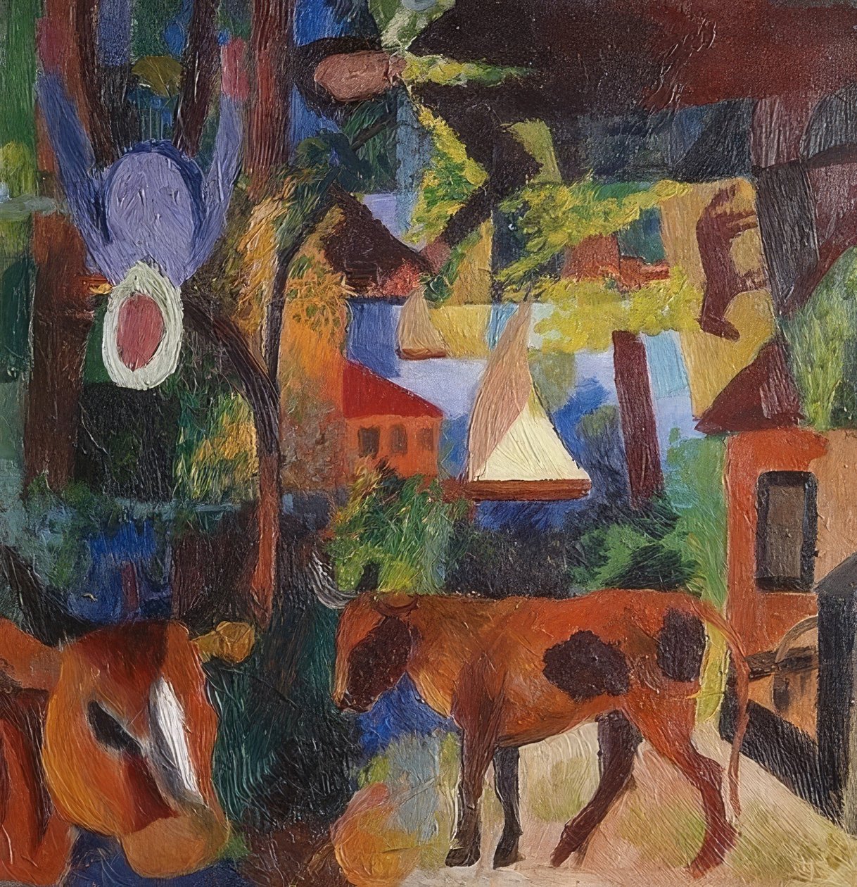 Paisagem com vacas, barco à vela e figuras. 1914 de August Macke