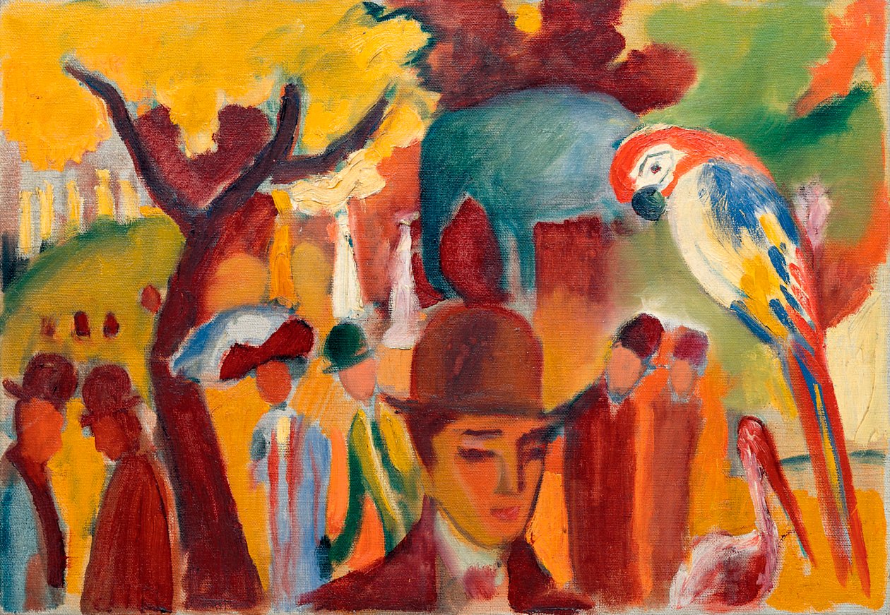 O pequeno jardim zoológico em castanho e amarelo. Pintura por August Macke (1887-1914), óleo sobre tela de August Macke