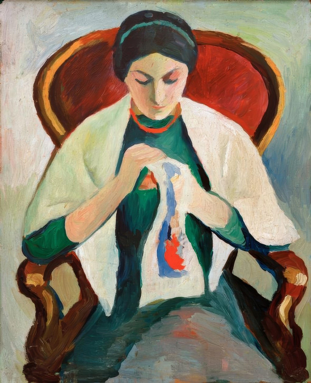 Mulher bordando na poltrona: Retrato da esposa do artista de August Macke
