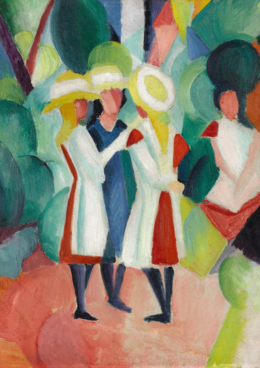 Três raparigas em chapéus de palha amarela de August Macke