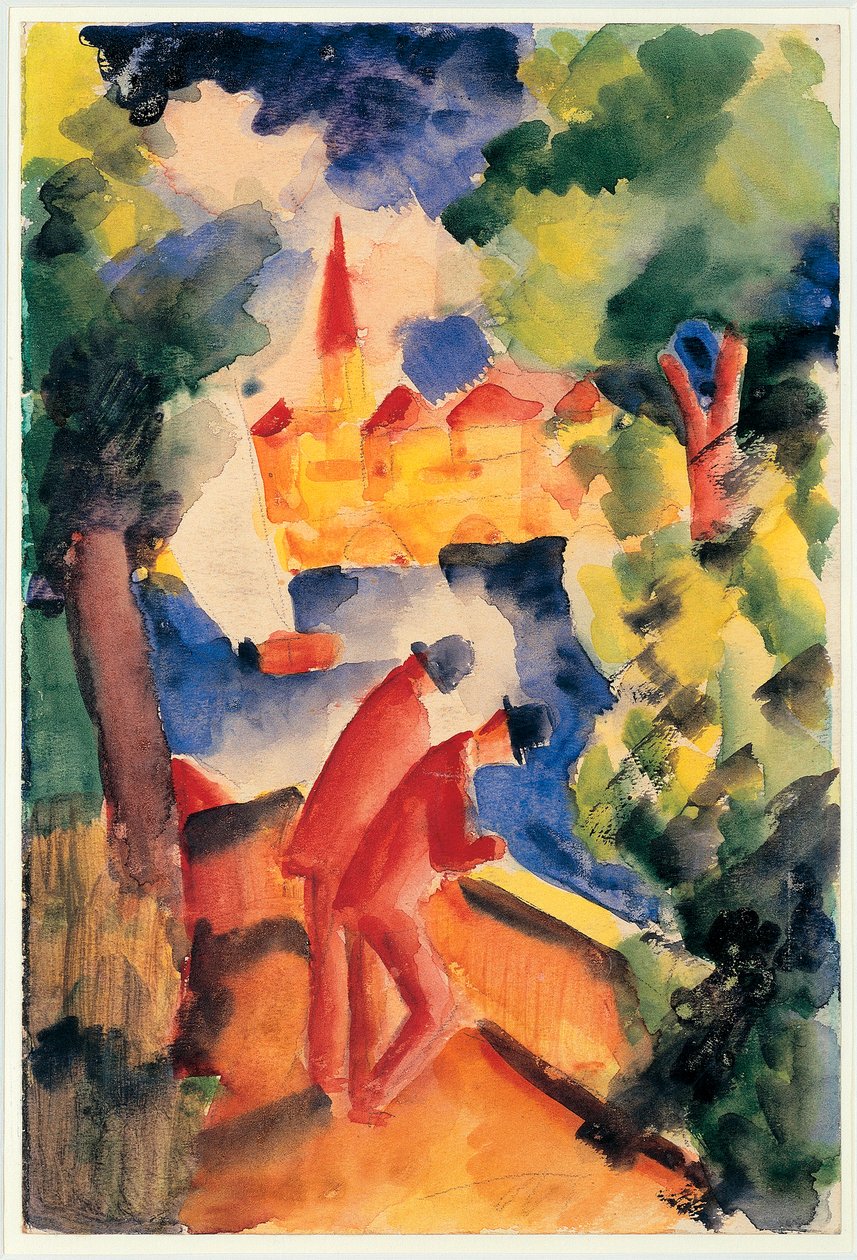Dois homens armados com vista para um lago 1914 (aguarela) de August Macke