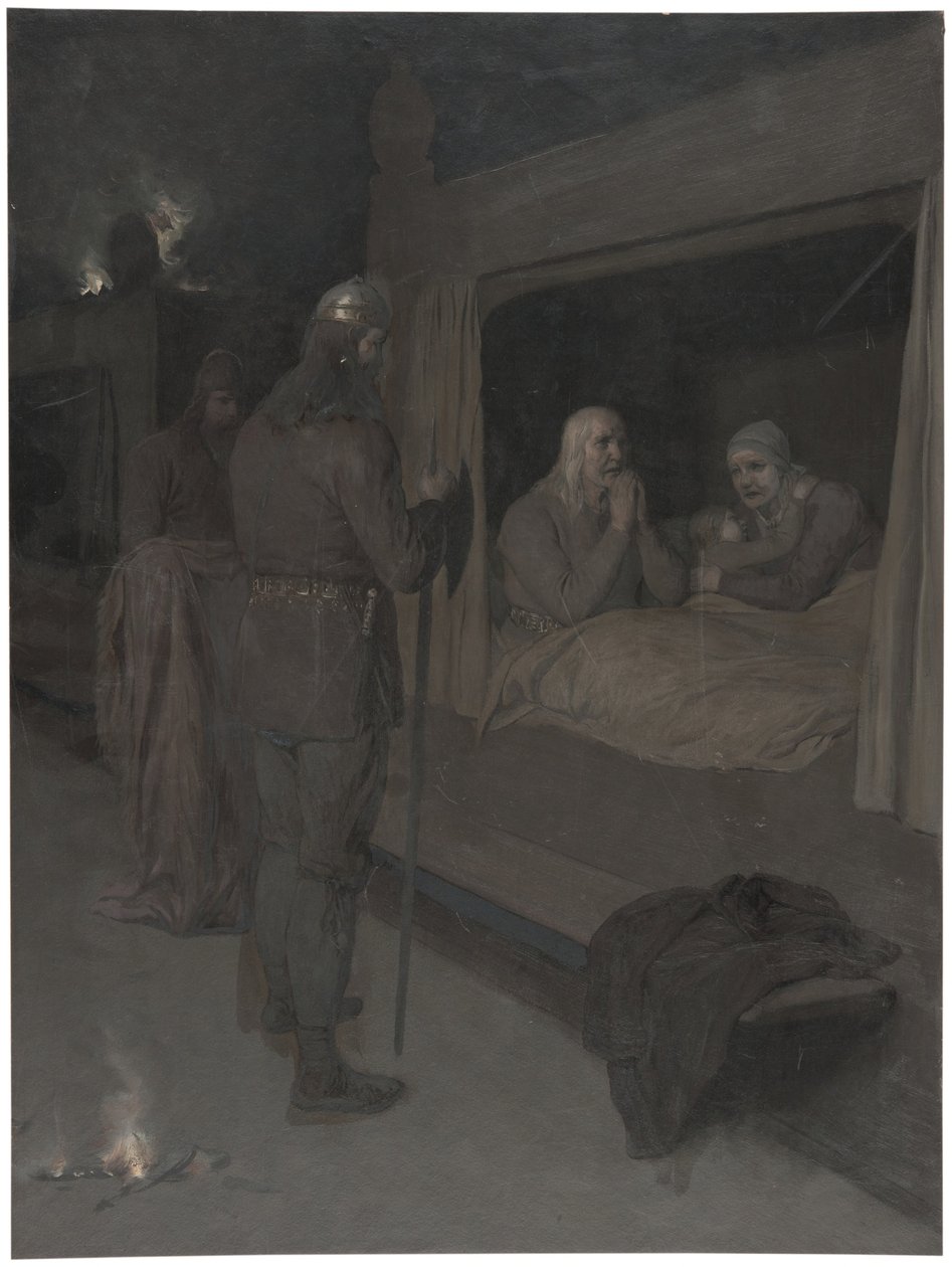 Njal, Bergthora e Thord Karisson decidem deixar-se queimar vivos. Ilustração para a Saga de Njal, cap. 129 de August Malmström