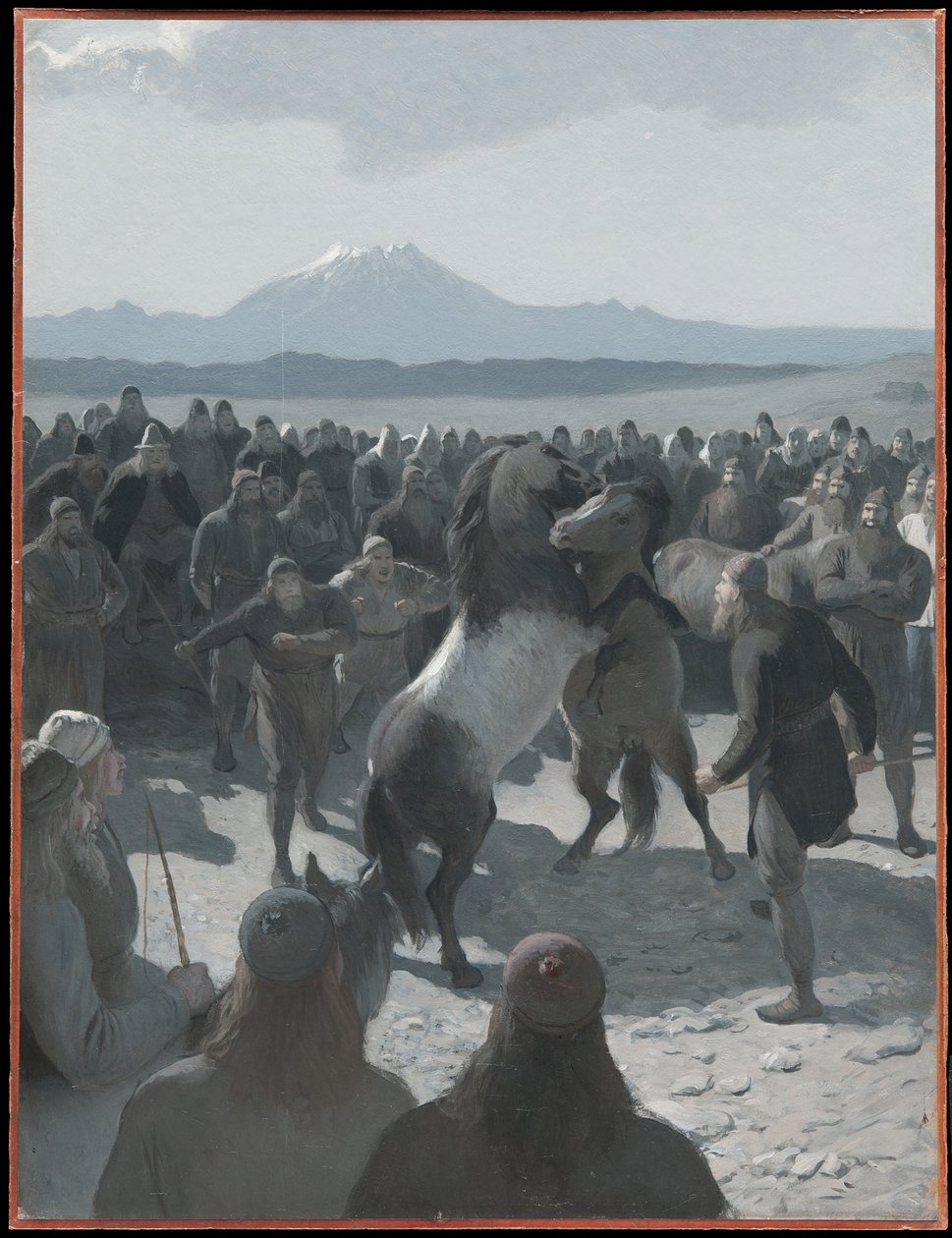 A luta de cavalos em Hlíðarendi. Ilustração para a Saga de Njál, cap. 59 de August Malmström