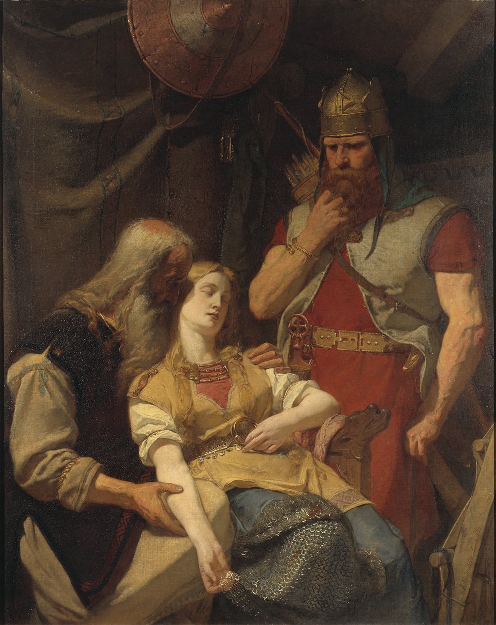 Orvar Oddr anuncia a morte de Hjalmar para Ingeborg - Oervar-Oddr informa Ingeborg sobre a morte de Hjalmar, por Malmstrom, em agosto (1829-1901). Óleo sobre tela de August Malmström