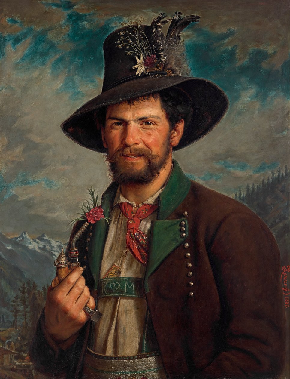 Agricultor tirolês em traje tradicional Stubai de August Pezzey d. Ä.