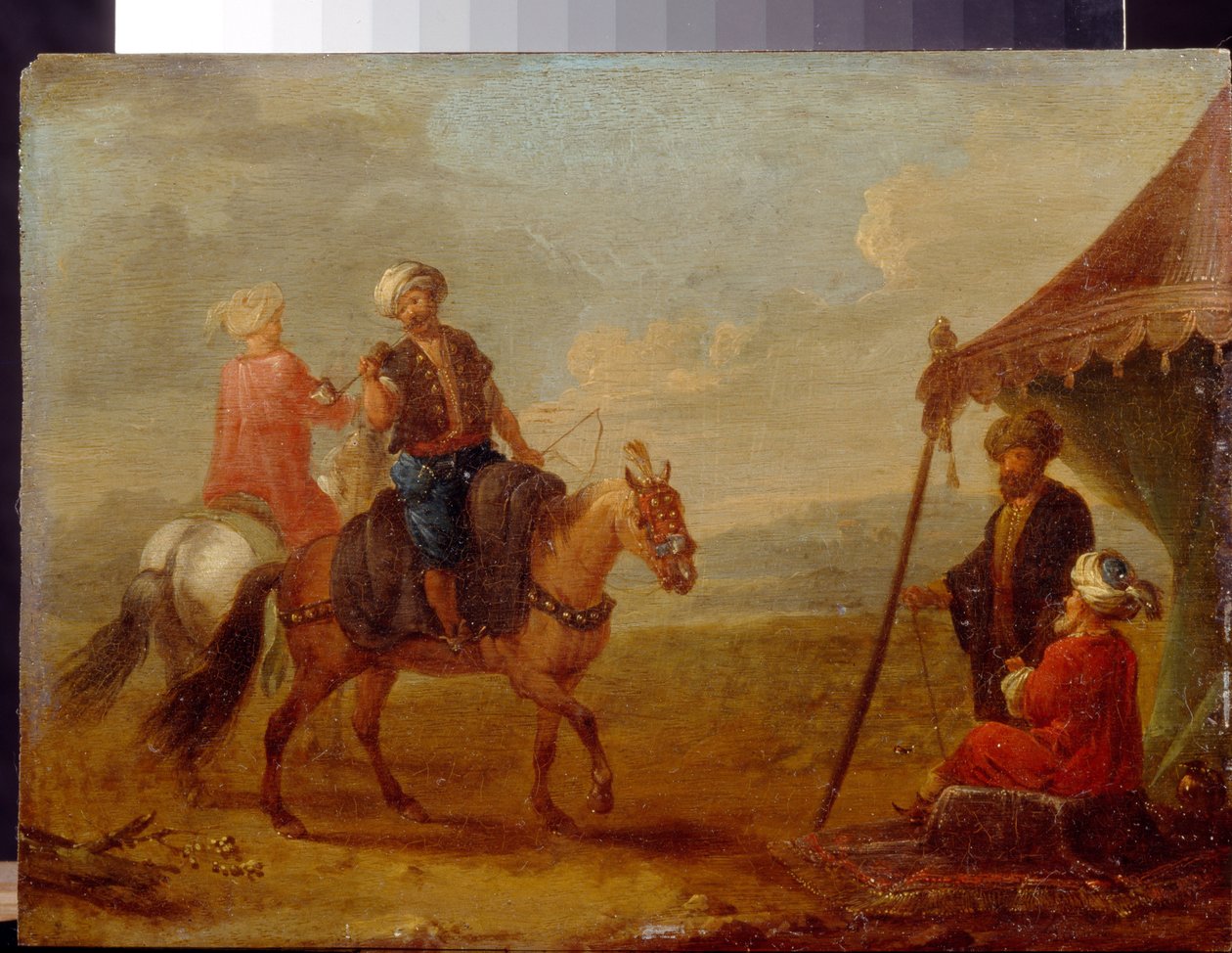 Cavaleiros turcos - Pintura por Agosto Querfurt (1696-1761), óleo sobre madeira de August Querfurt