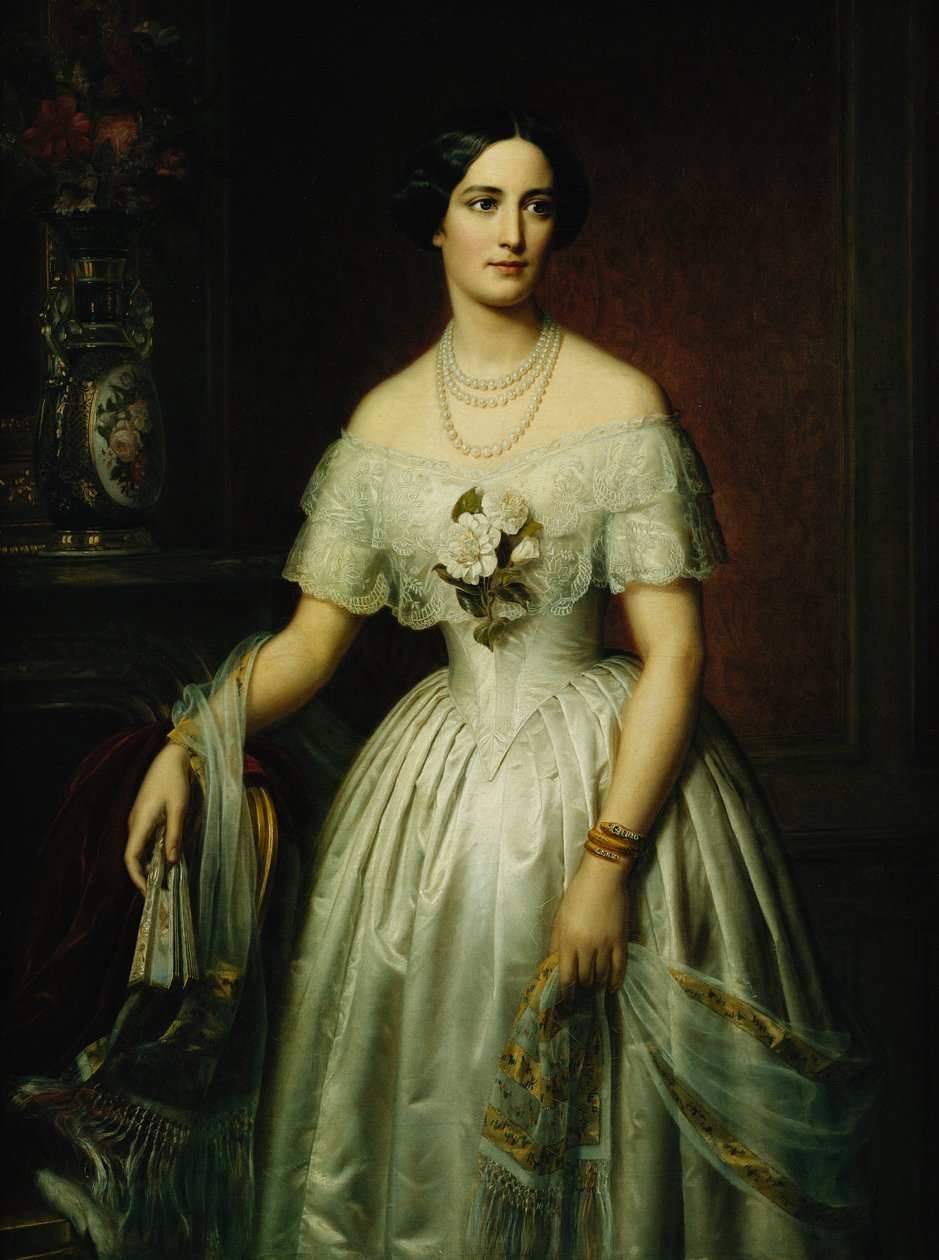 Retrato, senhora, ficar, três quartos, comprimento, vestido branco, 1851, e, 1876 de August Schiott
