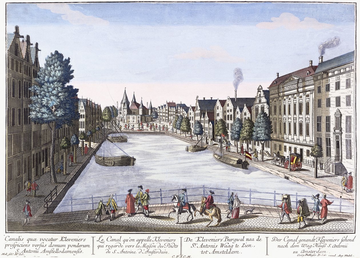 Vue of Kleveniers Canal, Amsterdam, c.1740-1770 (gravura colorida à mão) de August Vindel