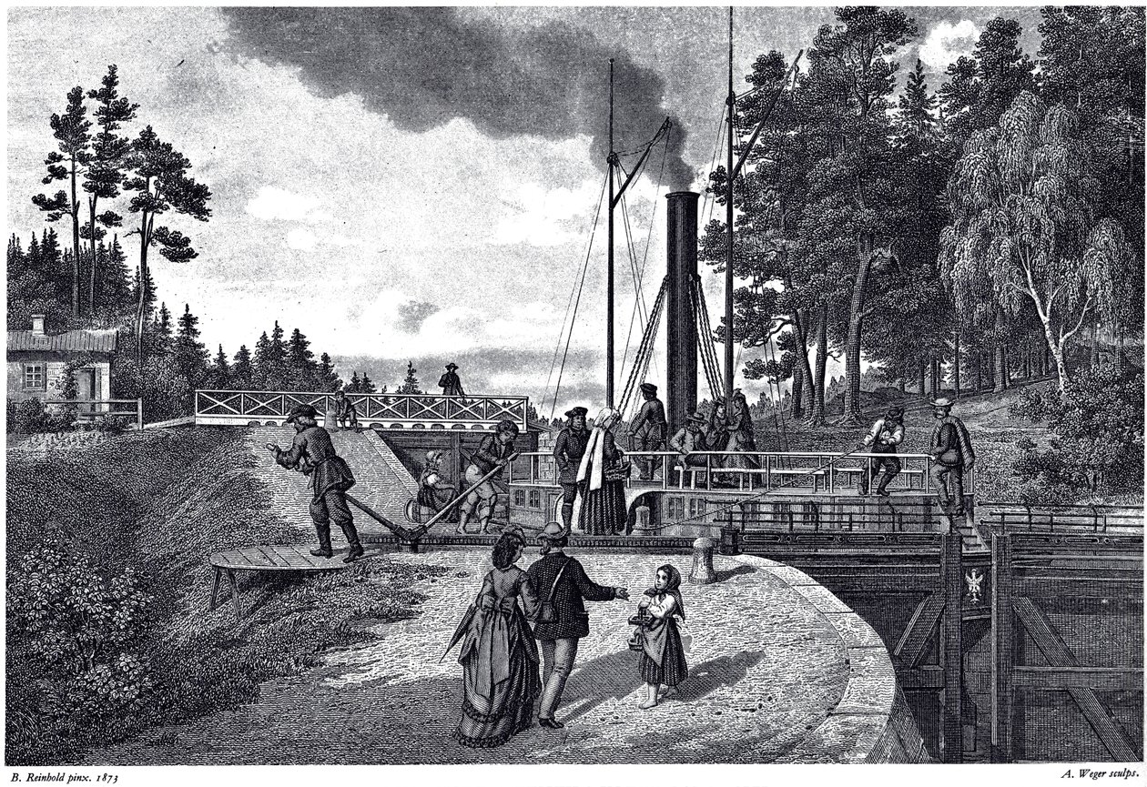 Vista da eclusa de Juustila na Finlândia, 1873 de August Weger