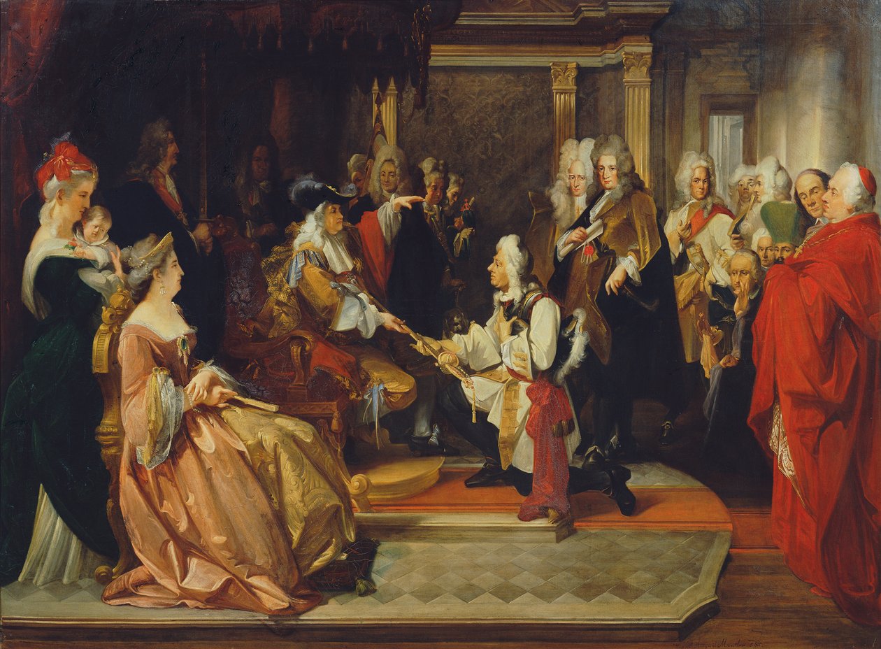 O imperador Carlos VI entrega a espada de honra ao príncipe Eugênio após a Batalha de Belgrado, 1865 de August Wenzel Mantler