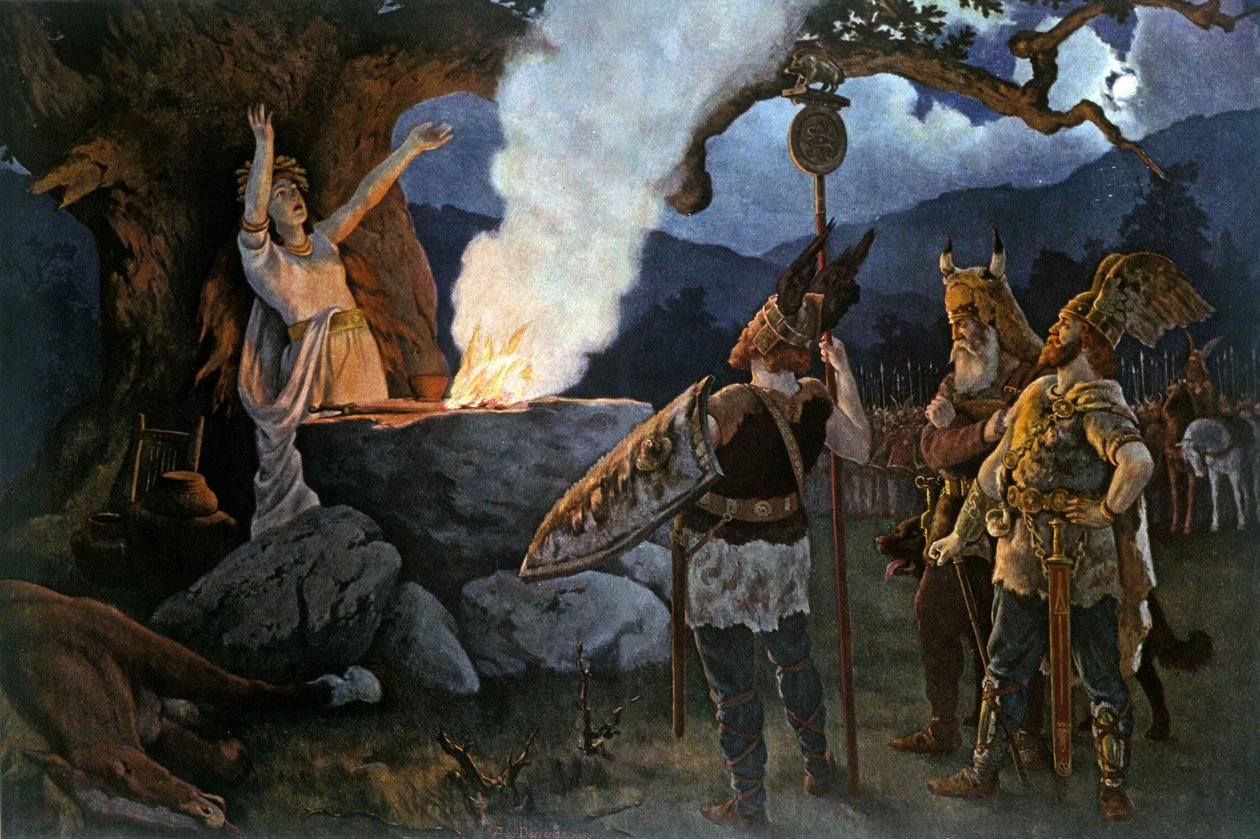 Os guerreiros celtas consultam uma sacerdotisa. Pintura por Augustus Dieffenbacher. de August Wilhelm Dieffenbacher