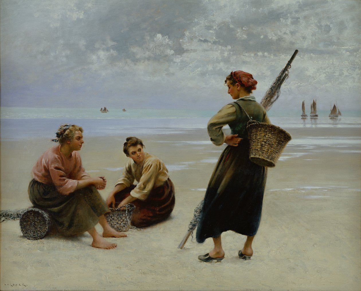 Mussel Gatherers, Bretanha (óleo sobre tela) de August Wilhelm Nikolaus Hagborg