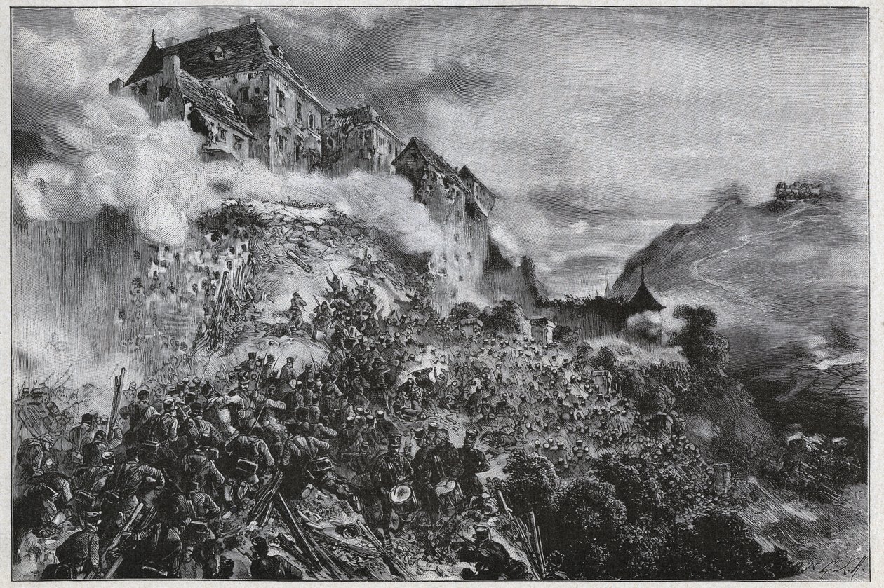 A Revolução Húngara de 1848-1849: Os rebeldes húngaros invadem o Castelo de Buda (Forno) em 21 de Maio de 1849 - após litografia de August von Pettenkofer de August Xaver Karl von Pettenkofen