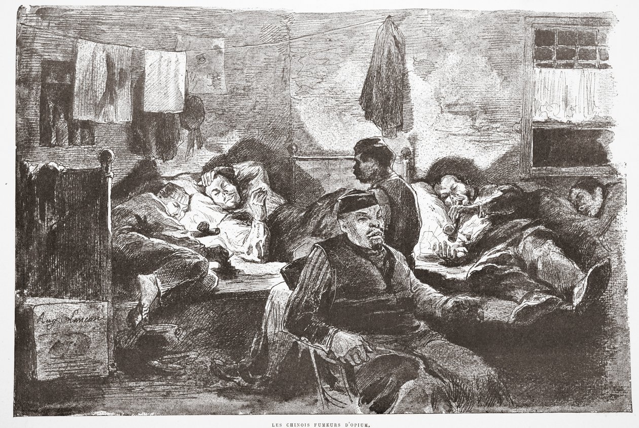 Fumantes chineses do ópio, ilustração "da rua em Londres", bar. por G. Charpentier et Cie, 1884 de Auguste Andre Lancon