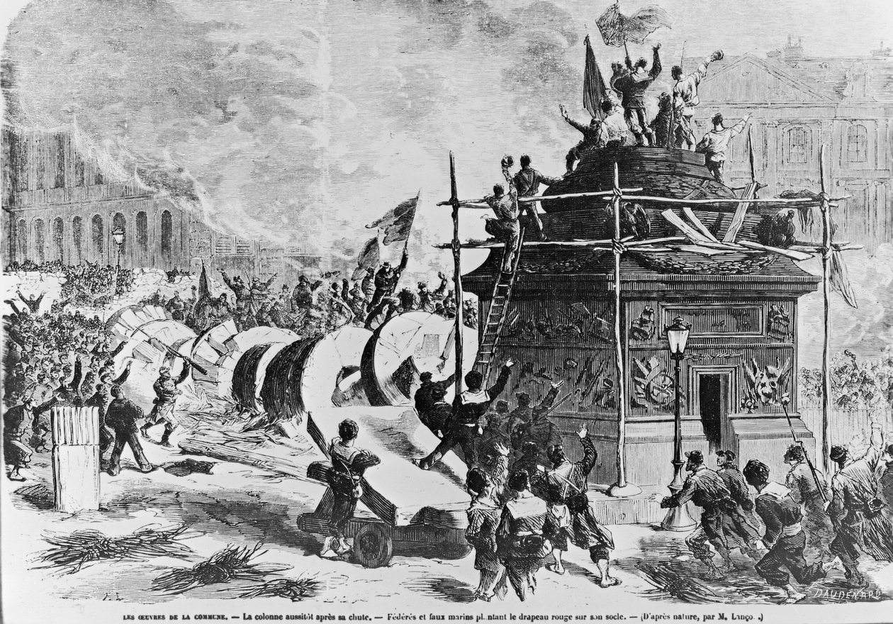 A coluna Vendome logo após sua queda, Federais e marujos falsos colocando a bandeira vermelha no pedestal, 16 de maio de 1871 de Auguste Andre Lancon