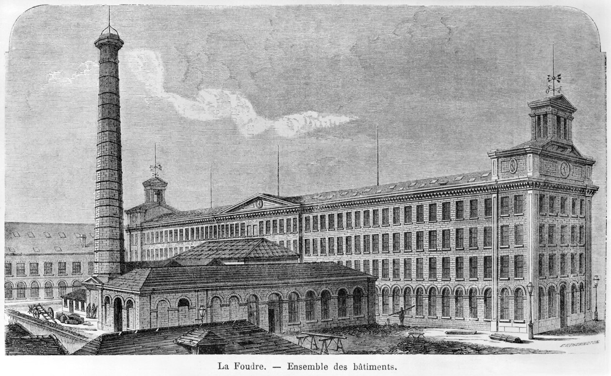 Moinho de algodão &39;La Foudre&39;, ilustração de &39;Les Grandes Usines&39; por Julien Turgan, gravada por Edward Etherington (fl.1860) no final do século XIX de Auguste Bertrand