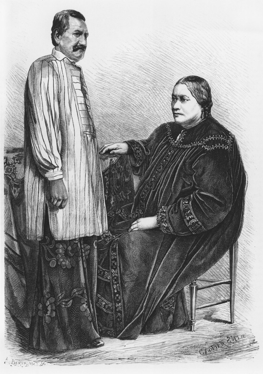 Rainha Pomare IV (1827-77) de Tahiti e seu marido, ilustração de &39;Le Tour du monde&39;, gravada por Gautier, Saint-Elme (n.1849) 1876 de Auguste Bertrand