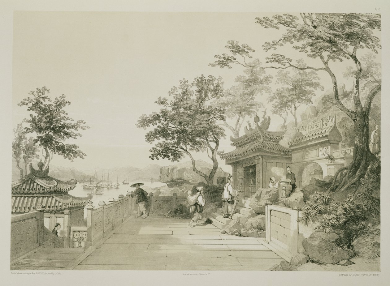 Uma Capela do Grande Templo de Macau, placa 10 de &39;Sketches of China&39;, gravada por Eugene Ciceri (1813-1890) 1842 (litografia tingida) de Auguste Borget