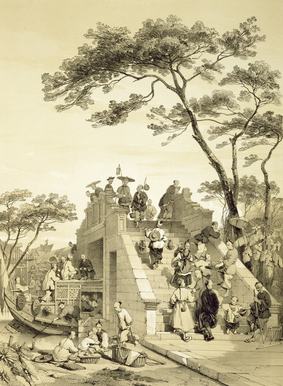 Ponte perto de Canton, placa 30 de &39;Sketches of China&39;, gravada por Eugene Ciceri (1813-90) 1842 (litografia tingida) de Auguste Borget