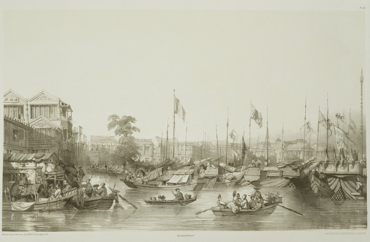 Fábricas européias em Canton, prato 23 de &39;Sketches of China&39;, gravado por Eugene Ciceri (1813-90) 1842 (lito colorido) de Auguste Borget