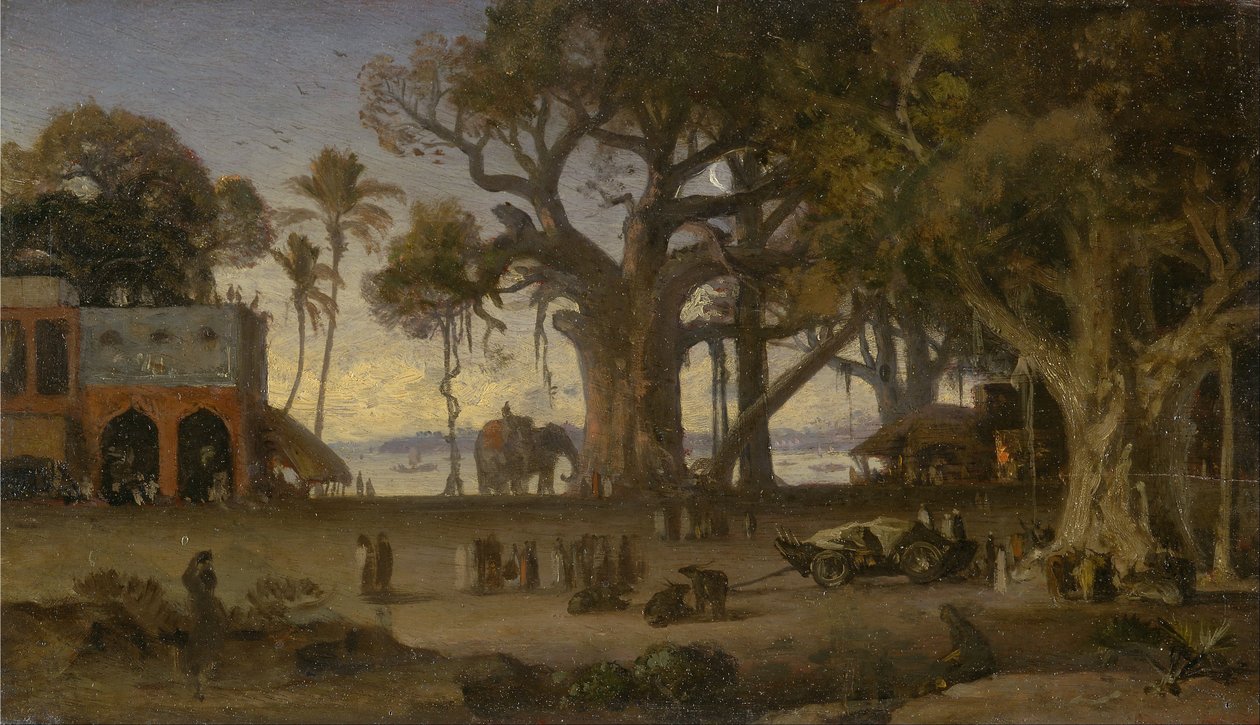 Cena ao luar de figuras indianos e elefantes entre as árvores de Banyan, Upper India (provavelmente Lucknow) de Auguste Borget