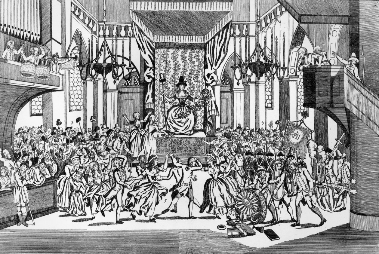 Celebração da Deusa da Razão na catedral de Notre-Dame em Paris, 10 de novembro de 1793 de Auguste Christian Fleischmann
