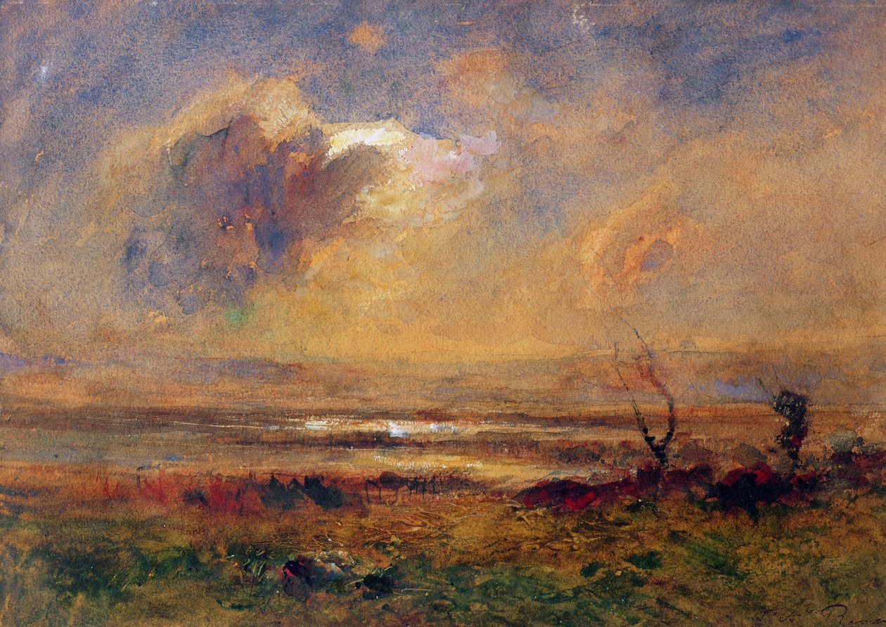 Pôr do sol na planície, c.1868 (wc e guache sobre papel) de Auguste Francois Ravier