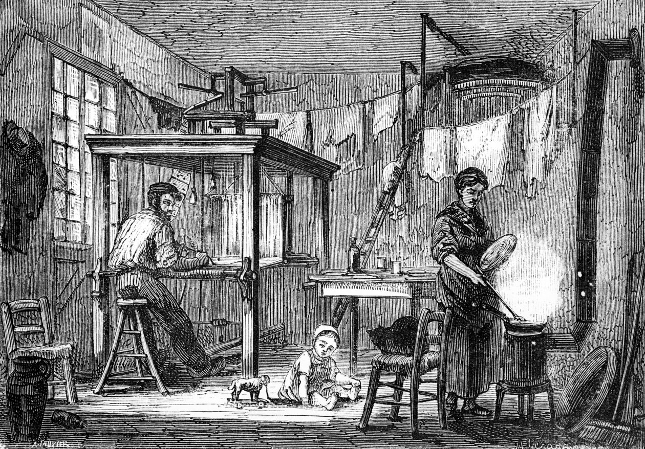 Um tecelão de Lyonnais e sua família, c.1880 (litografia) de Auguste Gerardin