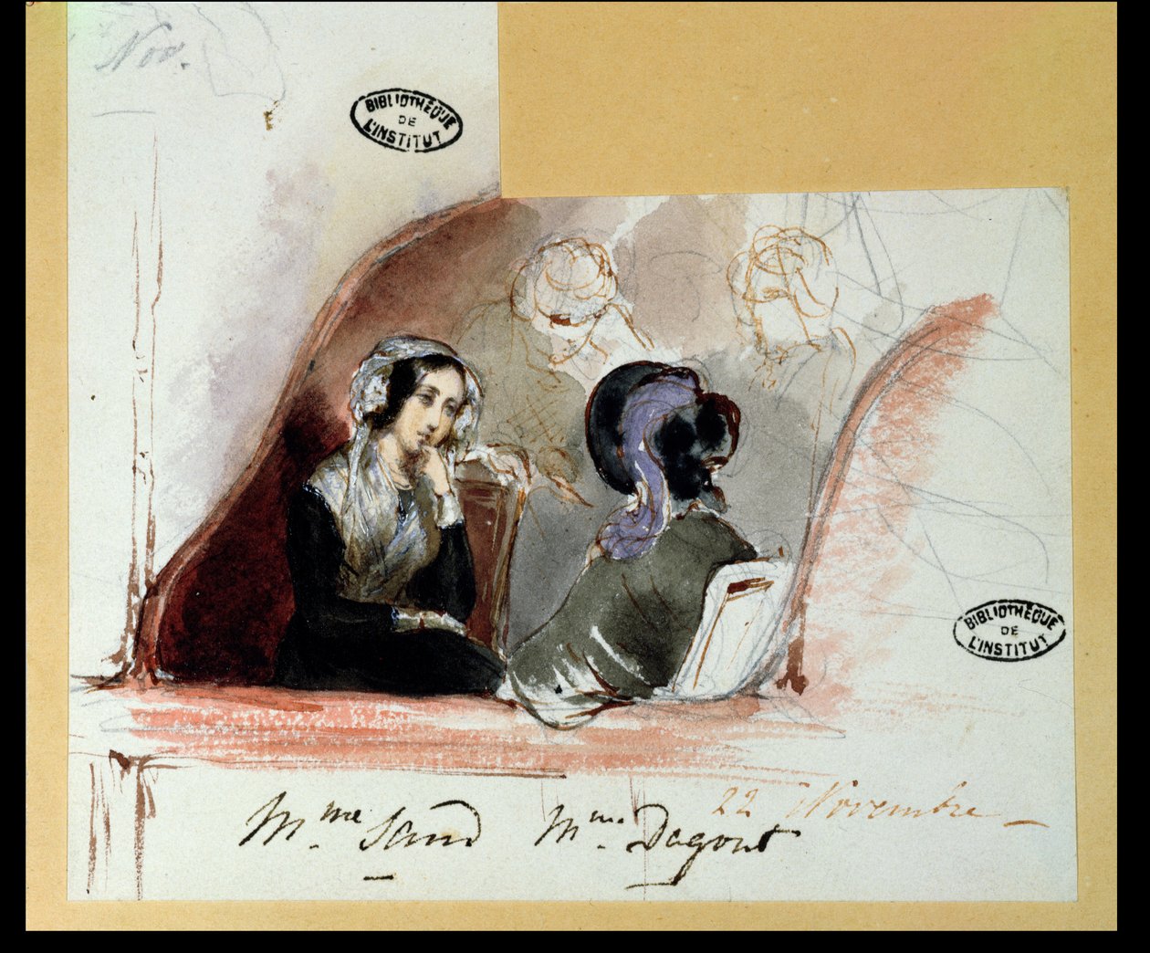 George Sand (1804-76) e Marie de Flavigny (1805-1876) Condessa de Agoult, na Comédie Française, 1834 de Auguste Odier