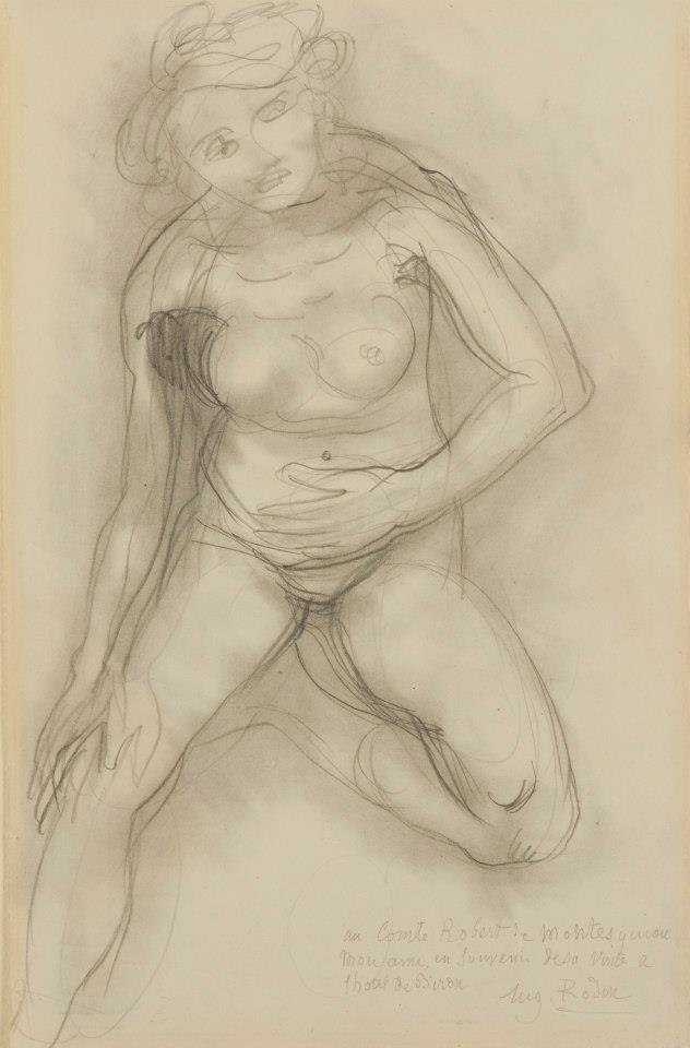 Mulher nua sentada na frente, com uma perna recolhida de Auguste Rodin