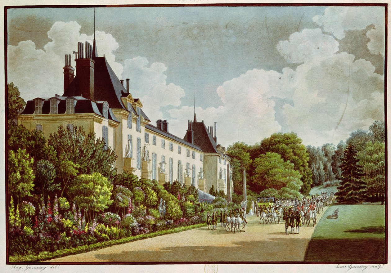 Vista do Chateau de la Malmaison ao lado do parque, de &39;vistas do Malmaison&39;, gravada por Louis Garneray (1783-1857) (aquatint) de Auguste Simon Garneray