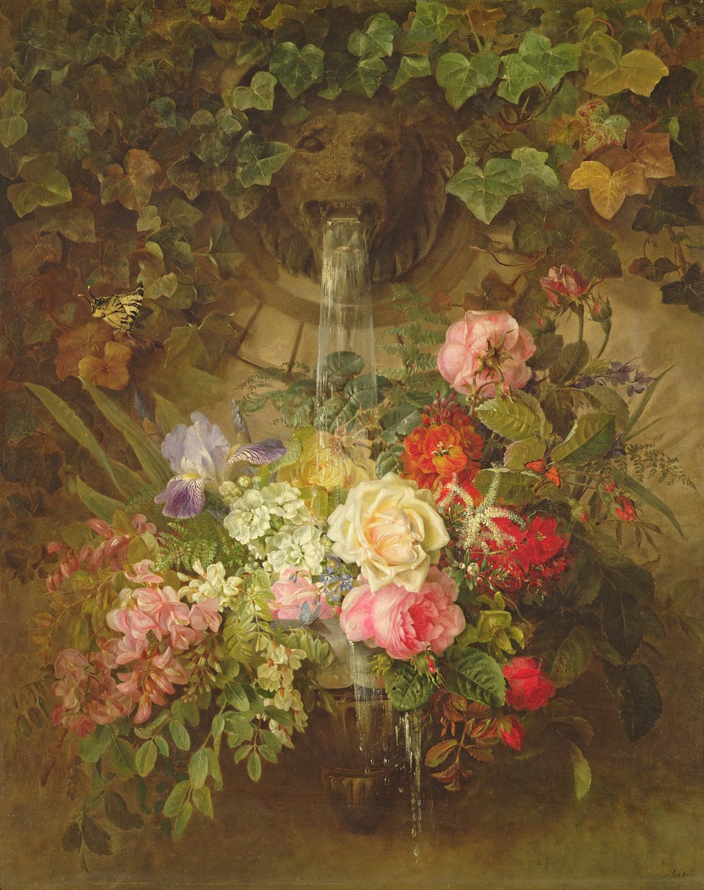 Flores sob uma fonte de leão, de Auguste Wilhelmine Reichelt