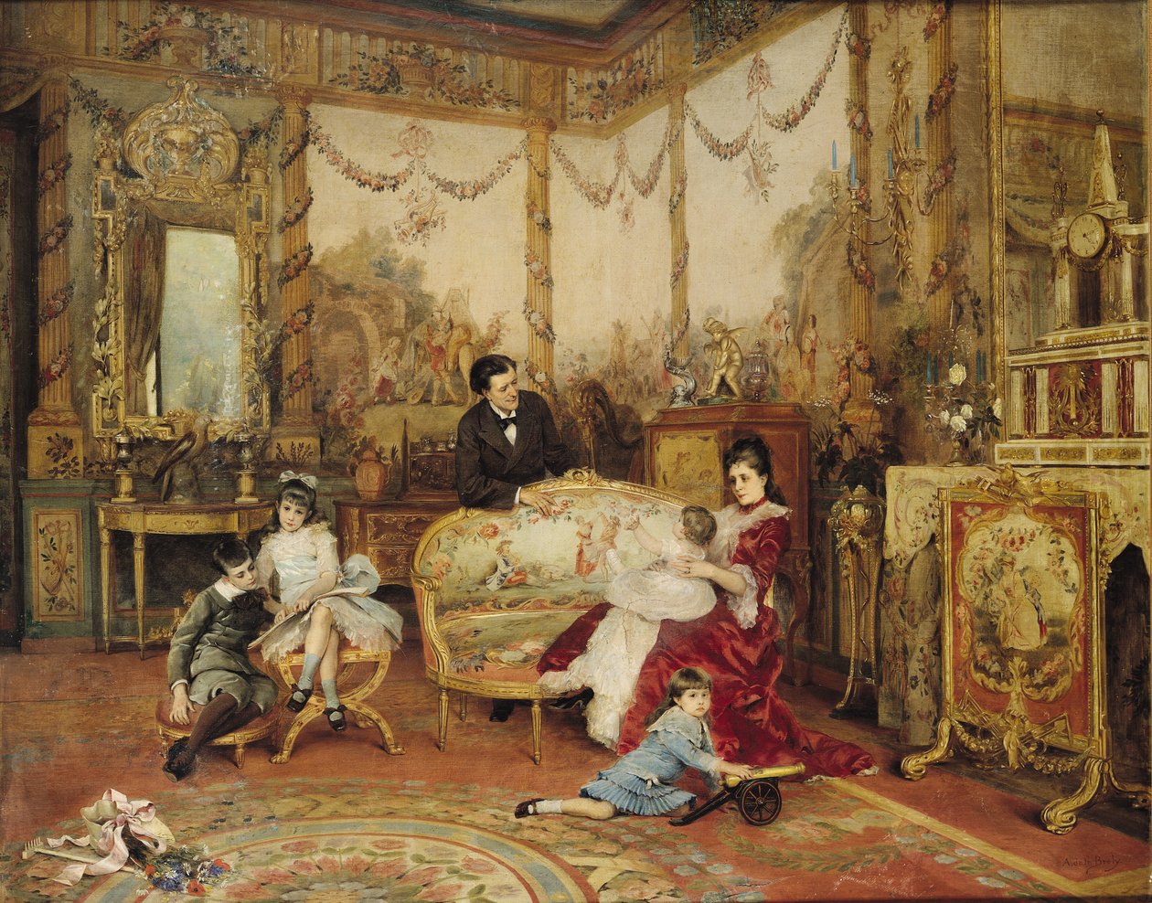 Victorien Sardou (1831-1908) e sua família em sua sala de estar em Marly-le-Roi, c.1875 de Auguste de la Brely
