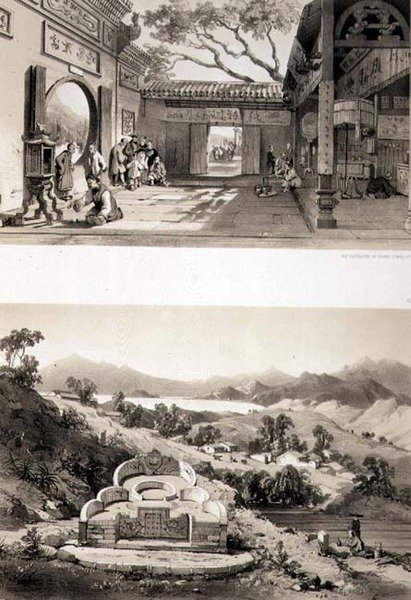Vista Interior do Grande Templo de Macau e uma Tumba e Aldeia entre as Baías de Hong Kong e Cowloon, placas 8 e 7 de "Sketches of China", gravadas por Eugene Ciceri (1813-90) 1842 (litografia colorida) de Auguste (after) Borget