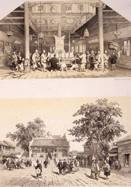 Interior do Templo de Buda e uma pequena praça nos subúrbios de Cantão, placas 25 e 26 de "Esboços da China", gravados por Eugene Ciceri (1813-90) 1842 (litografia colorida) de Auguste (after) Borget