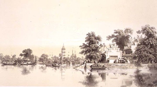Templo, Pagoda e Vila no Canal de Macao-Cantão, placa 22 de 