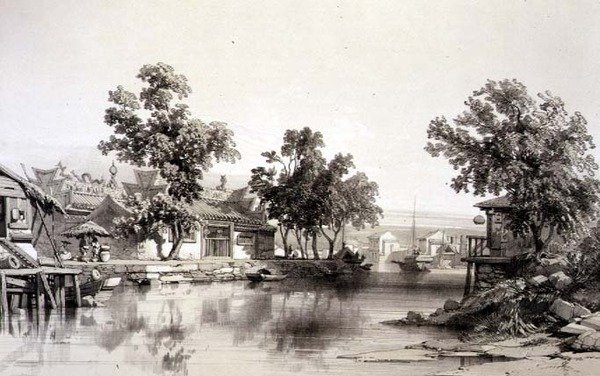 O Templo e Canal de Honan, placa 29 de "Sketches of China", gravado por Eugene Ciceri (1813-90) 1842 (litografia colorida) de Auguste (after) Borget