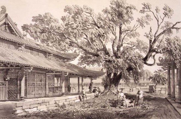 O Templo de Buda nos subúrbios de Honan de Cantão, placa 24 de "Sketches of China", gravado por Eugene Ciceri (1813-90) 1842 (litografia colorida) de Auguste (after) Borget