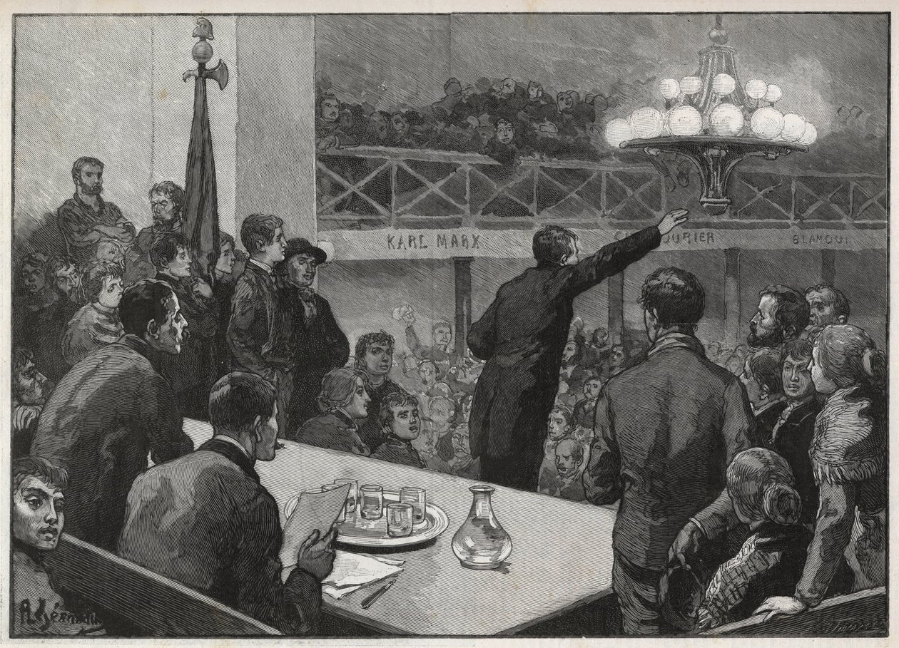 Encontro para a greve no Vooruit em 1885 - gravura em 1885 "Le monde illustrious" - desenho de Gerardin de Auguste (after) Gerardin