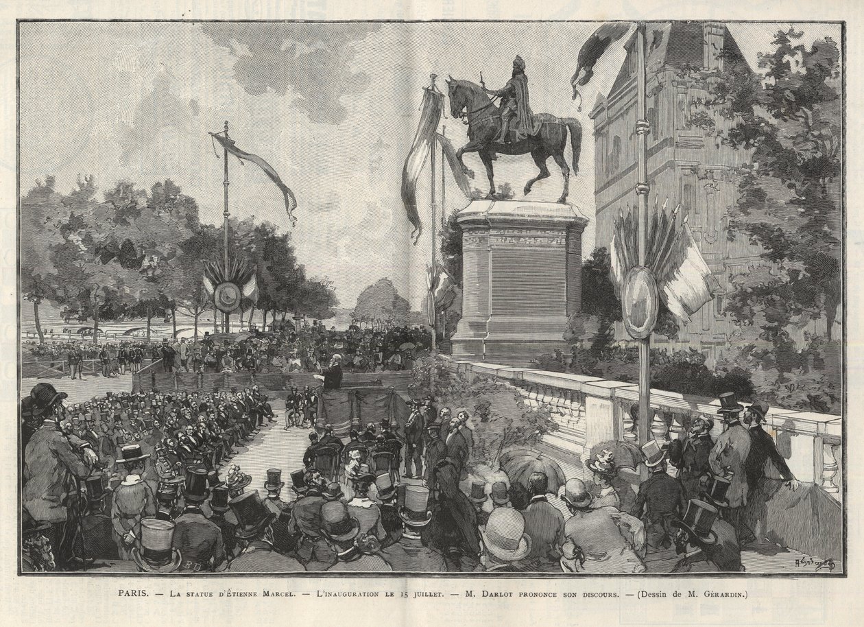 Paris - - Discurso do Sr. Darlot durante a inauguração no Hotel de Ville de Paris da estátua de Etienne Marcel - Desenho de Gerardin em "O Mundo Ilustrado" de 1888 de Auguste (after) Gerardin