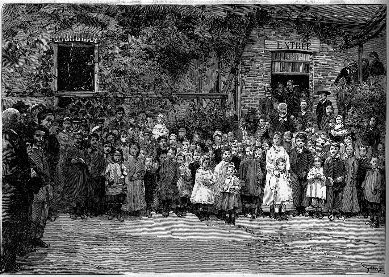 Victor Hugo (1802-1885) com as crianças pobres de Veules en Caux (Veules-en-Caux), a quem ofereceu um banquete em 24 de Setembro de 1882. Gravura de Gerardin em "Le Monde Illustré" n°1333 de 14 de Outubro de 1882. de Auguste (after) Gerardin