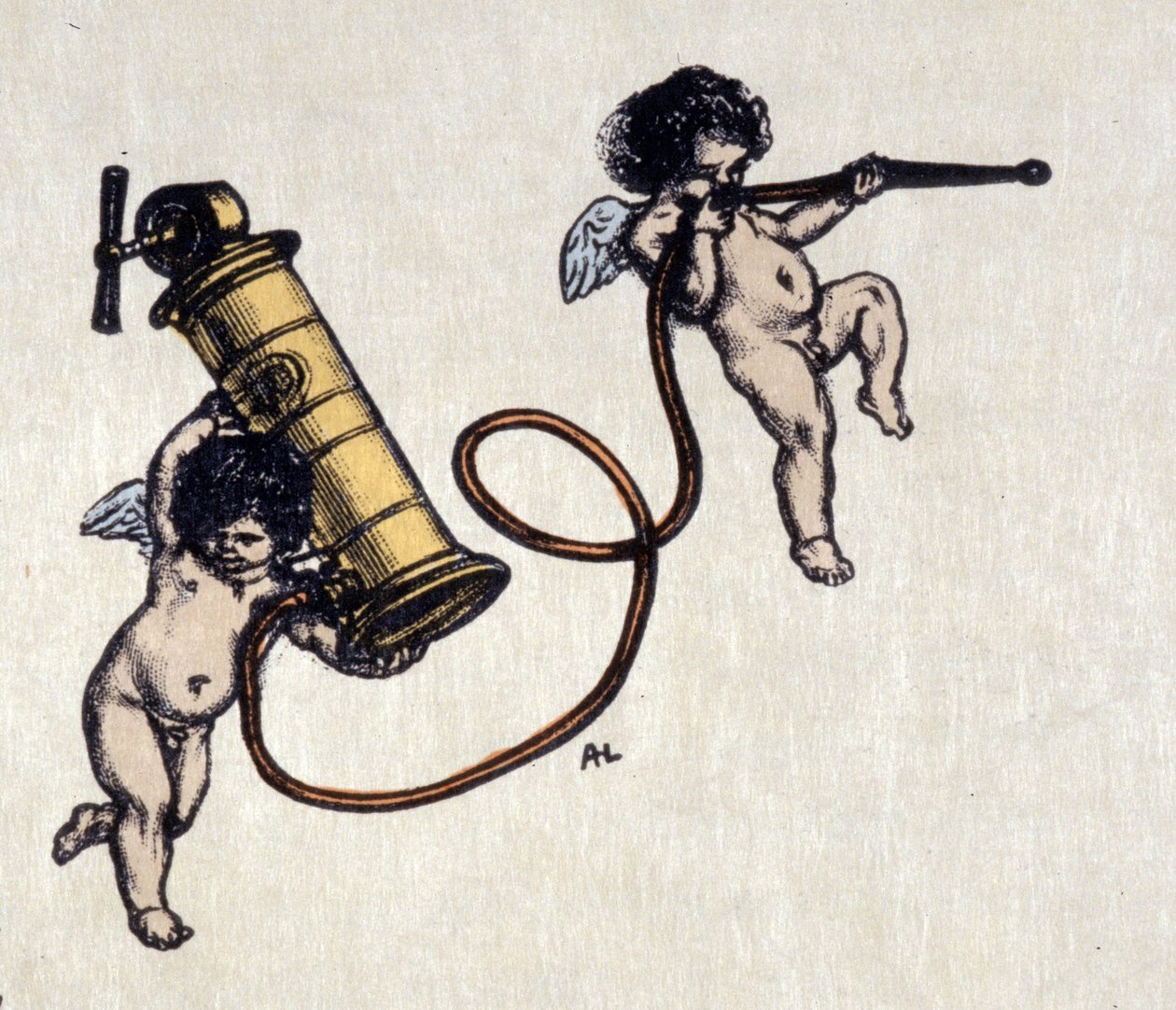 As alegrias do clystere. Dois anjos com uma bomba para clister. Ilustração de Auguste Leroux (1871-1954) de Auguste (after) Leroux