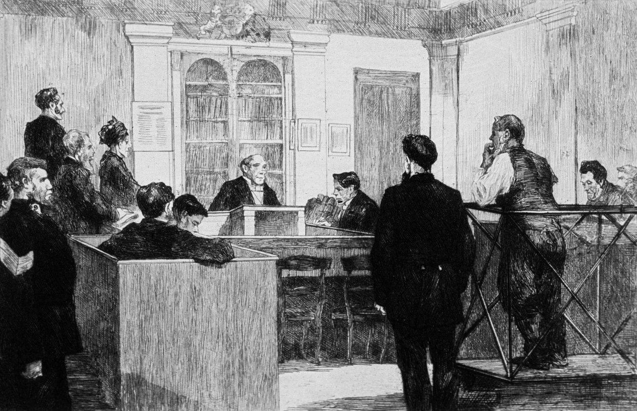 Salão do Tribunal de Polícia de Bow Street, em Londres, em 1884 (gravura) de Auguste Andre Lancon