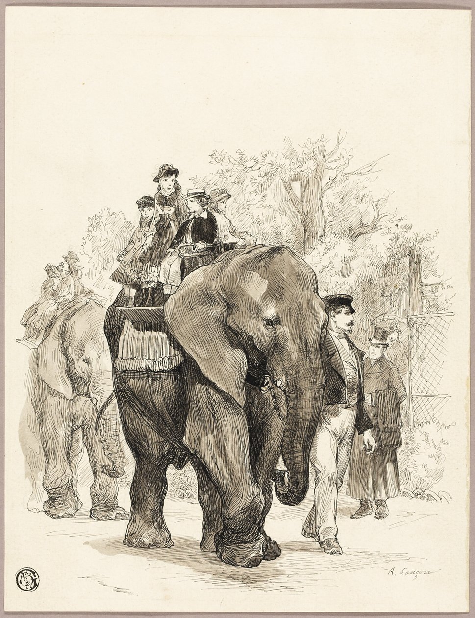 Elefante com cavaleiros no Jardin des Plantes, Paris de Auguste Andre Lancon