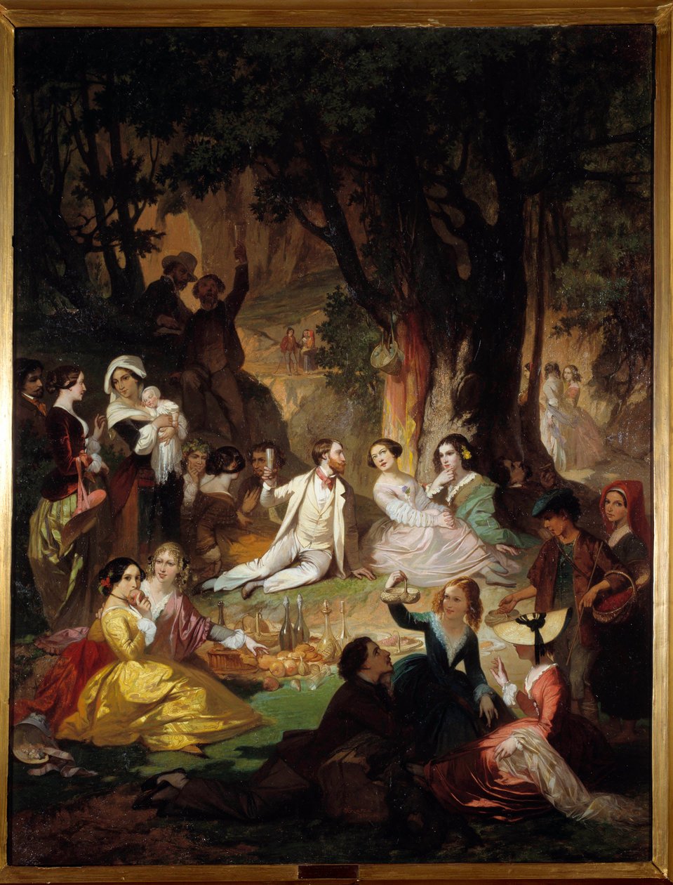 Cena de Champetre de degustação de piquenique na sociedade burguesa. Pintura de Barthelemy Glaizes (1807-1893) 1850 Montpellier, Museu Fabre de Auguste Barthelemy Glaize