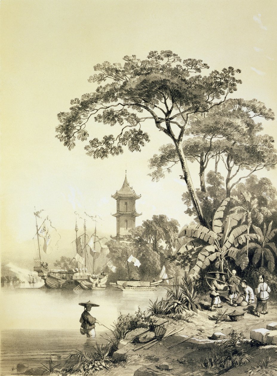 Um pagode no canal de Macau-Cantão, placa 21 de &39;Esboços da China&39;, gravada por Eugene Ciceri (1813-90) 1842 (litografia tingida) de Auguste Borget