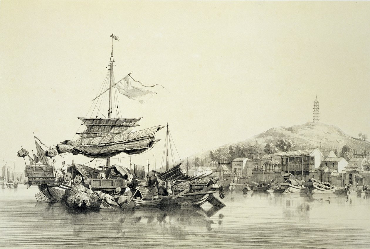 Hong Shang, placa 17 de &39;Esboços da China&39;, gravada por Eugene Ciceri (1813-90) 1842 (litografia tingida) de Auguste Borget