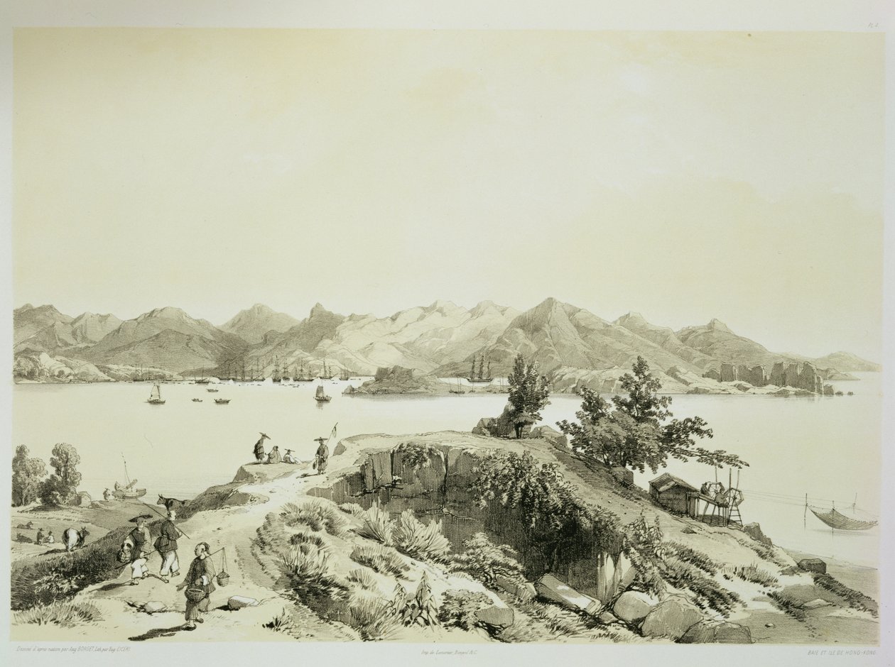 A baía e ilha de Hong Kong, placa 4 de &39;Esboços da China&39;, gravada por Eugene Ciceri (1813-90) 1842 (litografia tingida) de Auguste Borget