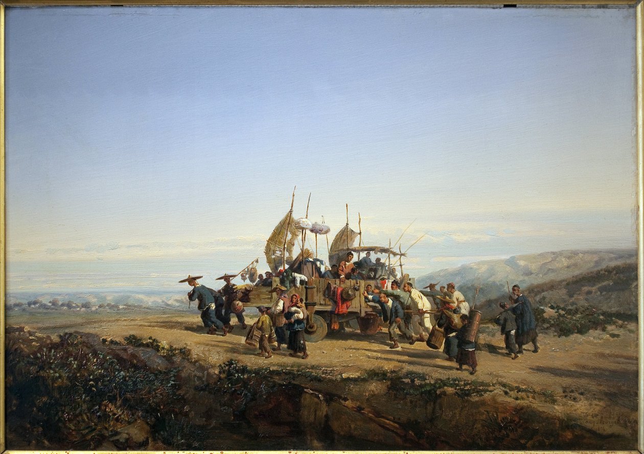 Os viajantes usam uma carruagem com velas e disparam por homens. Quadro de Auguste Borget de Auguste Borget